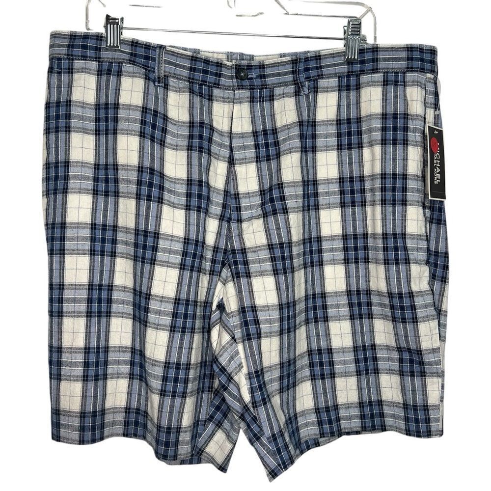 NWT Michael Kors Plaid Flat Front Shorts Men's 36 Cotton Linen Blue/Black/White